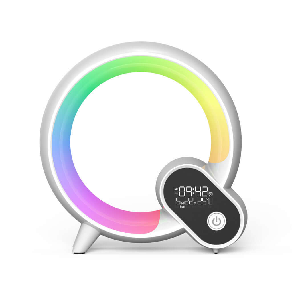 Creative Q Light Alarm Clock with LED wake-up light and adjustable color features.