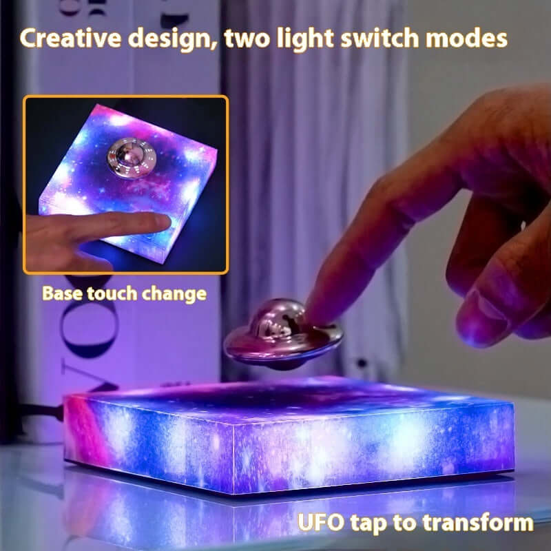 Levitating UFO Galaxy Lamp with color-changing lights and touch control base, showcasing creative design and two light modes.