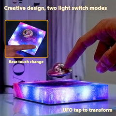 Levitating UFO Galaxy Lamp with color-changing lights and touch control base, showcasing creative design and two light modes.