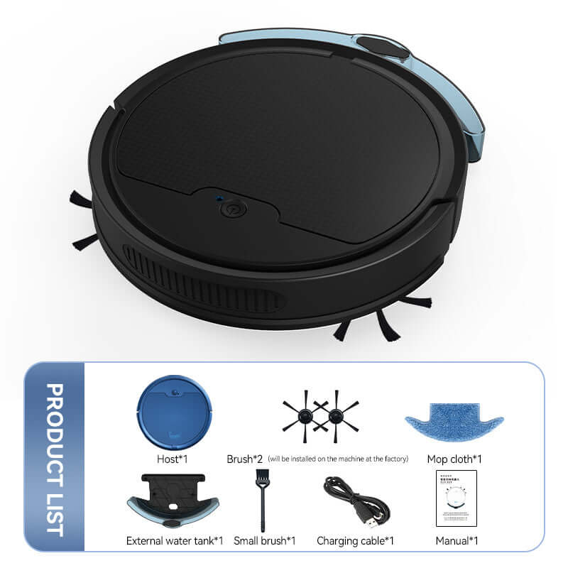 Intelligent sweeping robot with large water tank, remote control, and accessories for efficient cleaning.