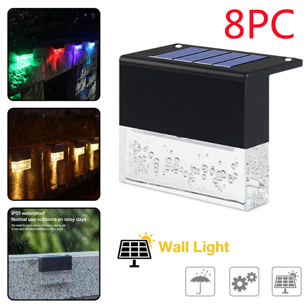 Waterproof RGB LED solar light for garden, features crystal design and solar panels for efficient energy use.