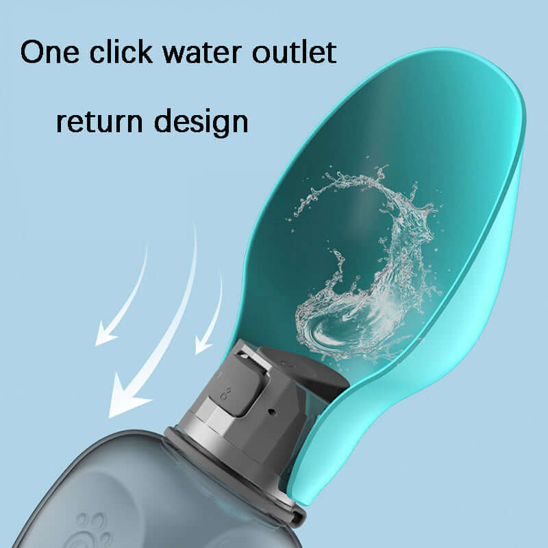 Dog water bottle with one-click outlet design and return feature for easy dispensing.