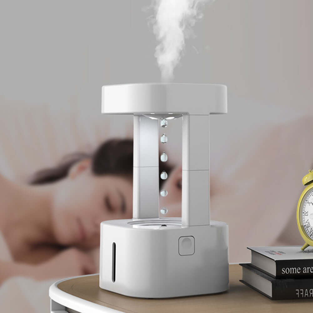 Creative anti-gravity water drop humidifier in a bedroom, enhancing air quality with soothing mist.