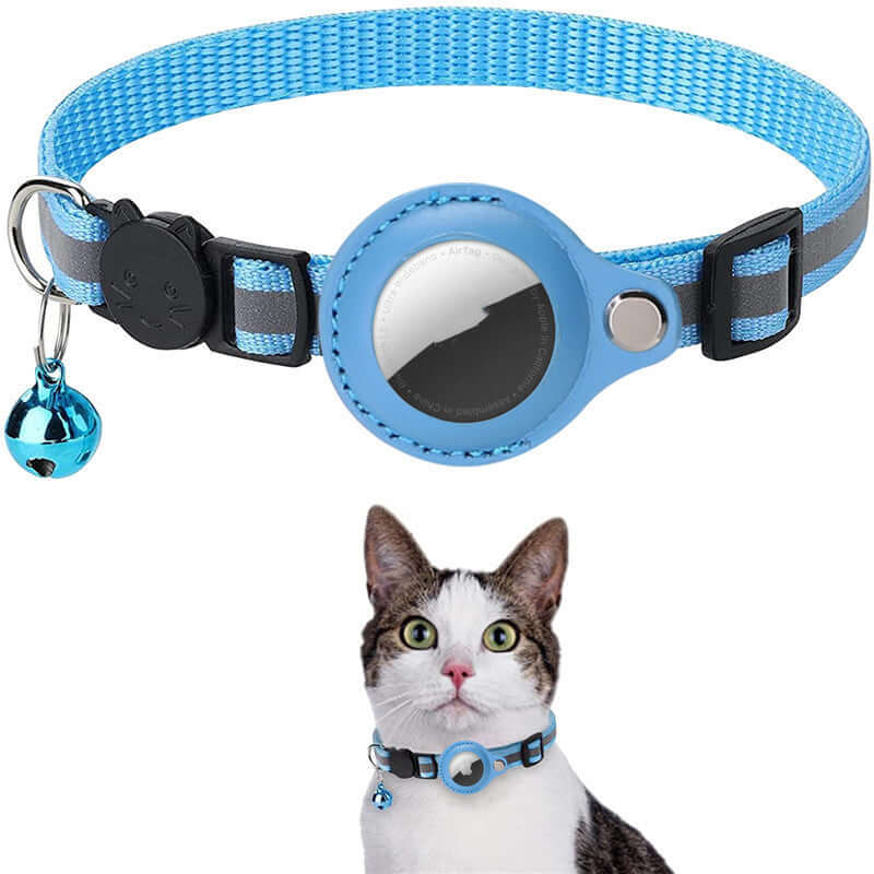Blue reflective collar for cats with Airtag holder and bell, ideal for pet tracking and safety.