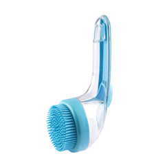 Long handle pet bath brush with soft blue bristles for grooming and cleaning pets, perfect for effective bathing.