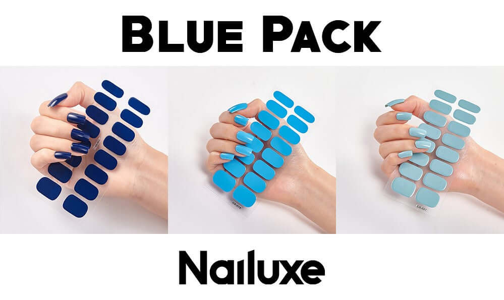 Blue Pack Nailuxe set featuring three styles of blue nail stickers on manicured hands.