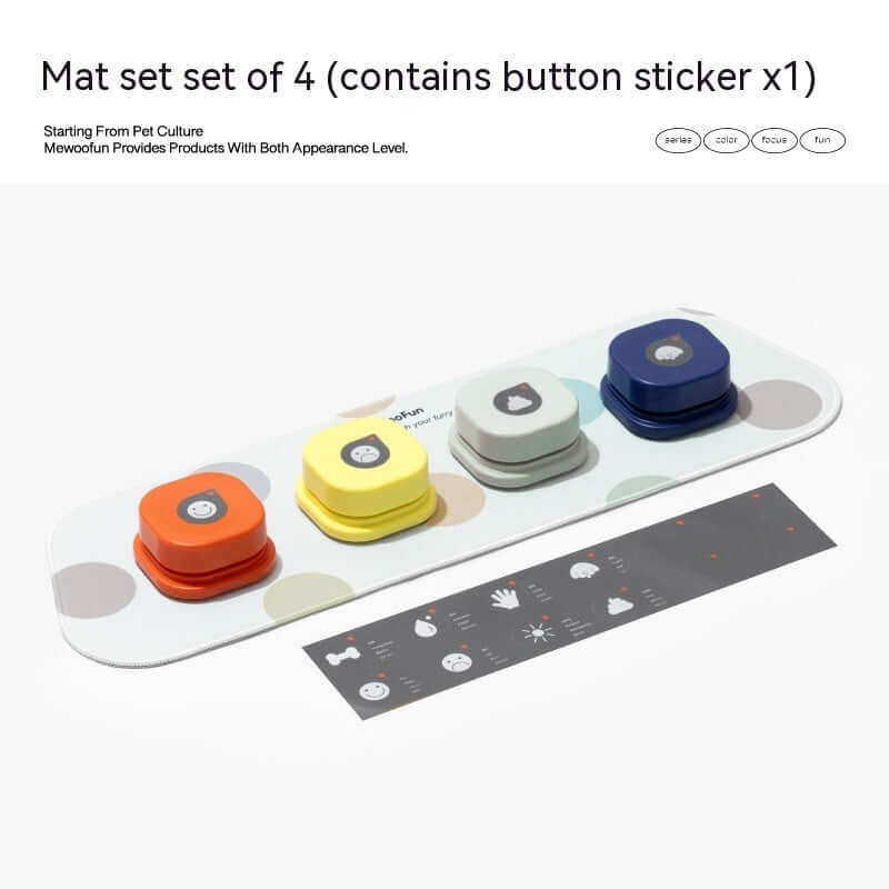 Colorful pet communication button mat set with stickers for interactive dog and cat toys.
