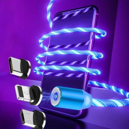 Colorful flowing light magnetic cable for iPhone and Android devices with strong magnetic connectors.