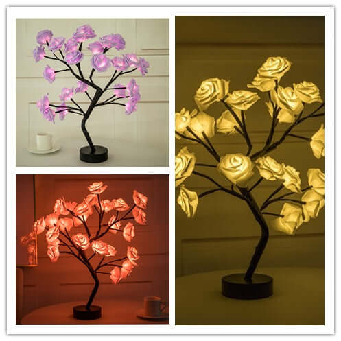  Rose flower lamps in pink and white on a marble table with soft lighting, ideal for elegant home decor.