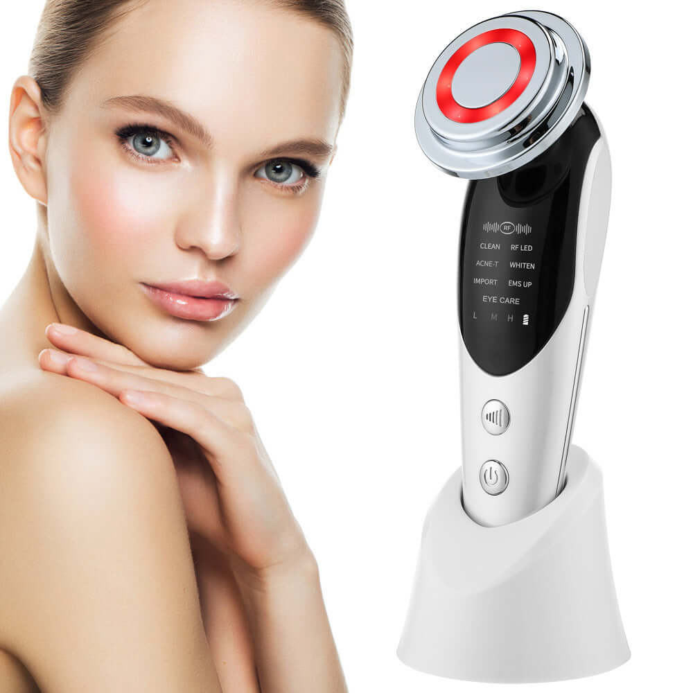 7-in-1 facial massager for skin care with red light mode, vibration, and detox features, next to a model with radiant skin.