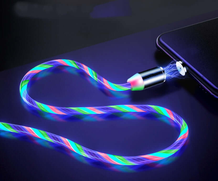 Flowing light magnetic streamer data line cable charging an iPhone with a colorful illuminated design.