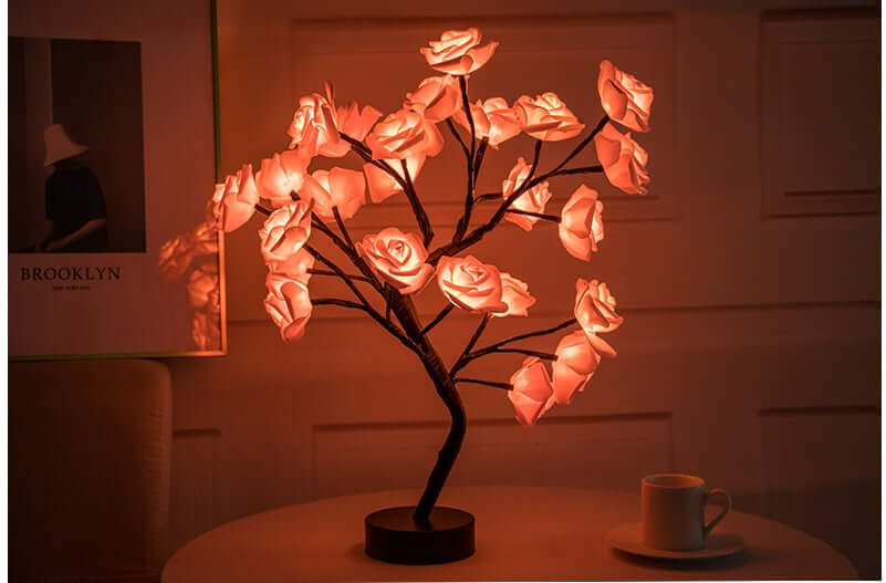 Rose flower lamps in pink and white on a marble table with soft lighting, ideal for elegant home decor.