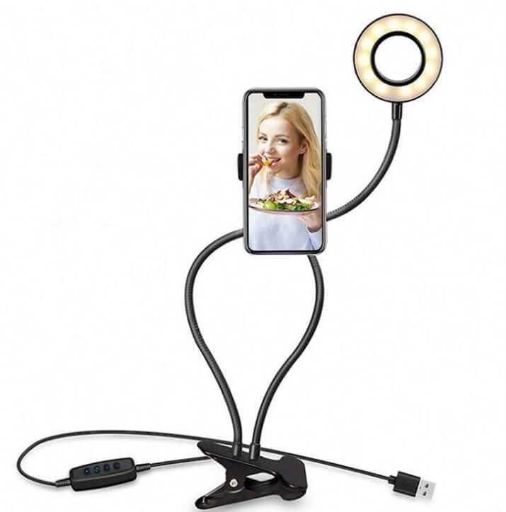 LED selfie ring light with adjustable phone holder, perfect for makeup and video calls, featuring USB power and 3 light colors.