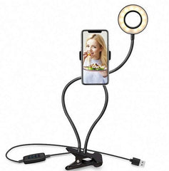 LED selfie ring light with adjustable phone holder, perfect for makeup and video calls, featuring USB power and 3 light colors.