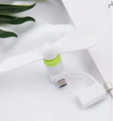 Mobile mini fan compatible with iPhone, iPad, and Android; compact, lightweight, low power, and quiet operation.