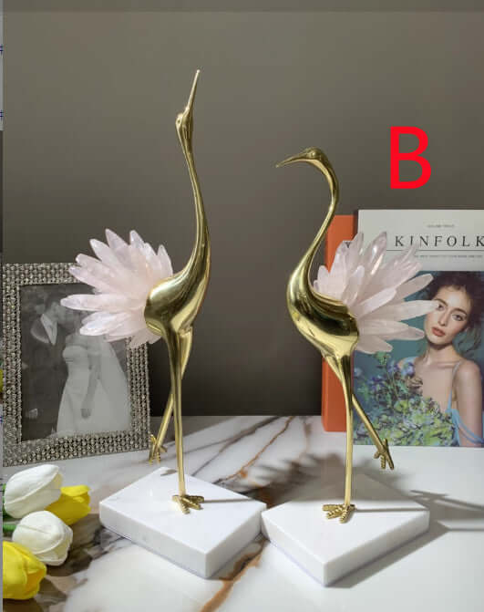 Luxury White Crane Ornament with Crystal and Marble Details