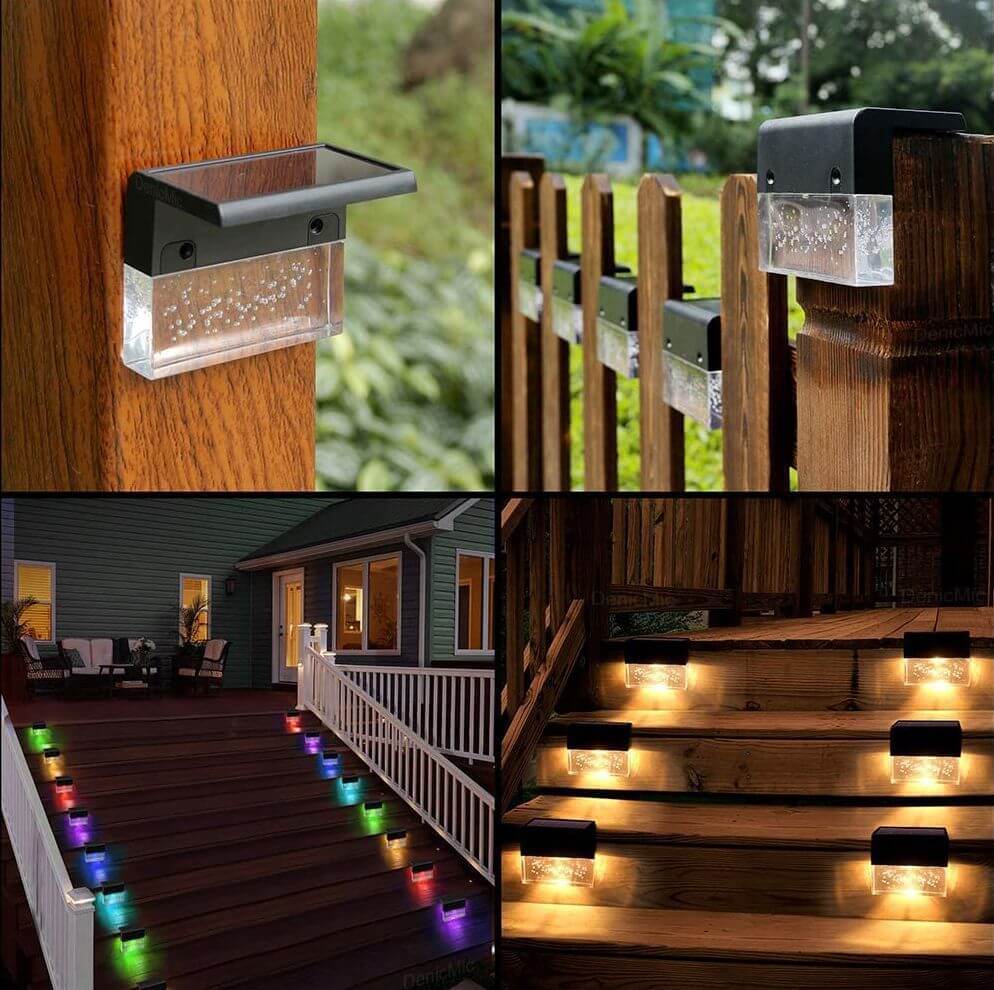 Showcasing waterproof RGB LED solar light step and fence lights, highlighting warm white and color change modes for garden decoration.