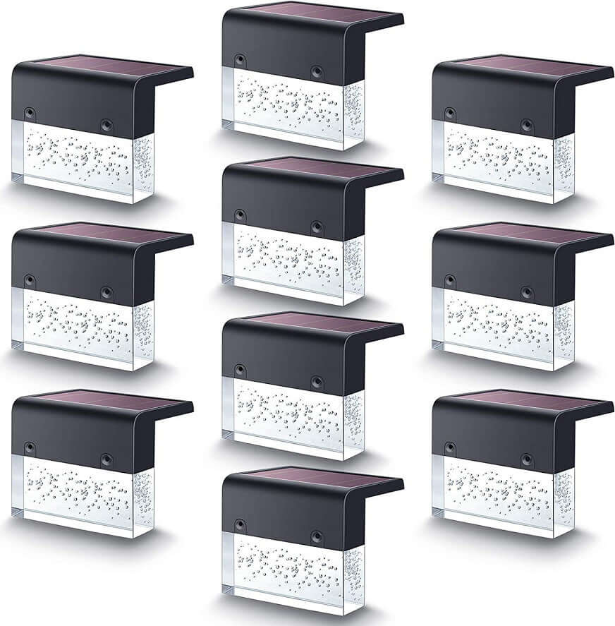 Pack of 10 waterproof RGB LED solar light step fence lights with a crystal-like design for garden decoration.