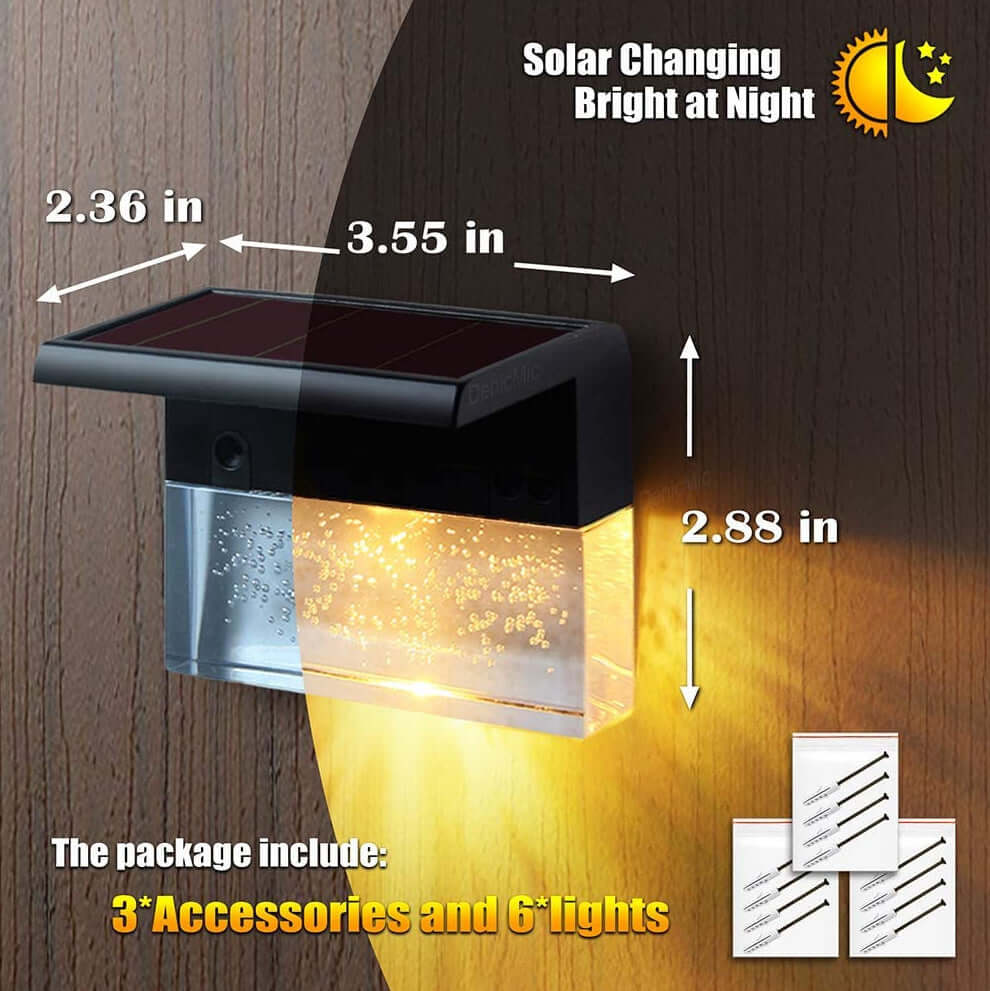 Dimensions of waterproof RGB LED solar light step fence light with accessories and bright crystal design.