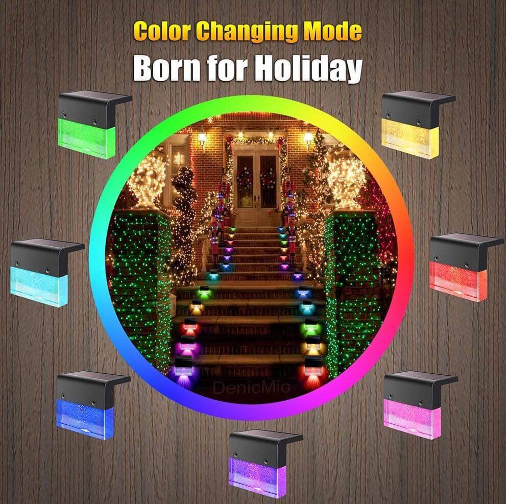 Color changing RGB LED solar step light for holiday decoration, illuminating stairs with vibrant colors.