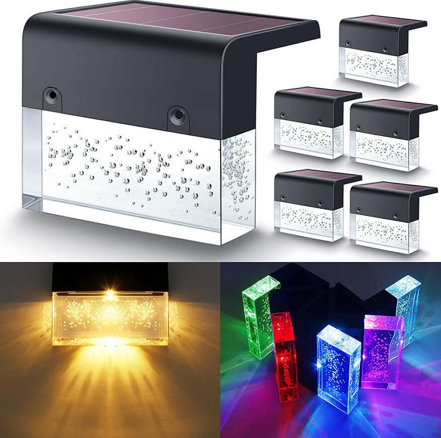 Waterproof RGB LED solar light step fence light, featuring crystal-like design, two light modes and solar-powered functionality.