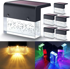 Waterproof RGB LED solar light step fence light, featuring crystal-like design, two light modes and solar-powered functionality.