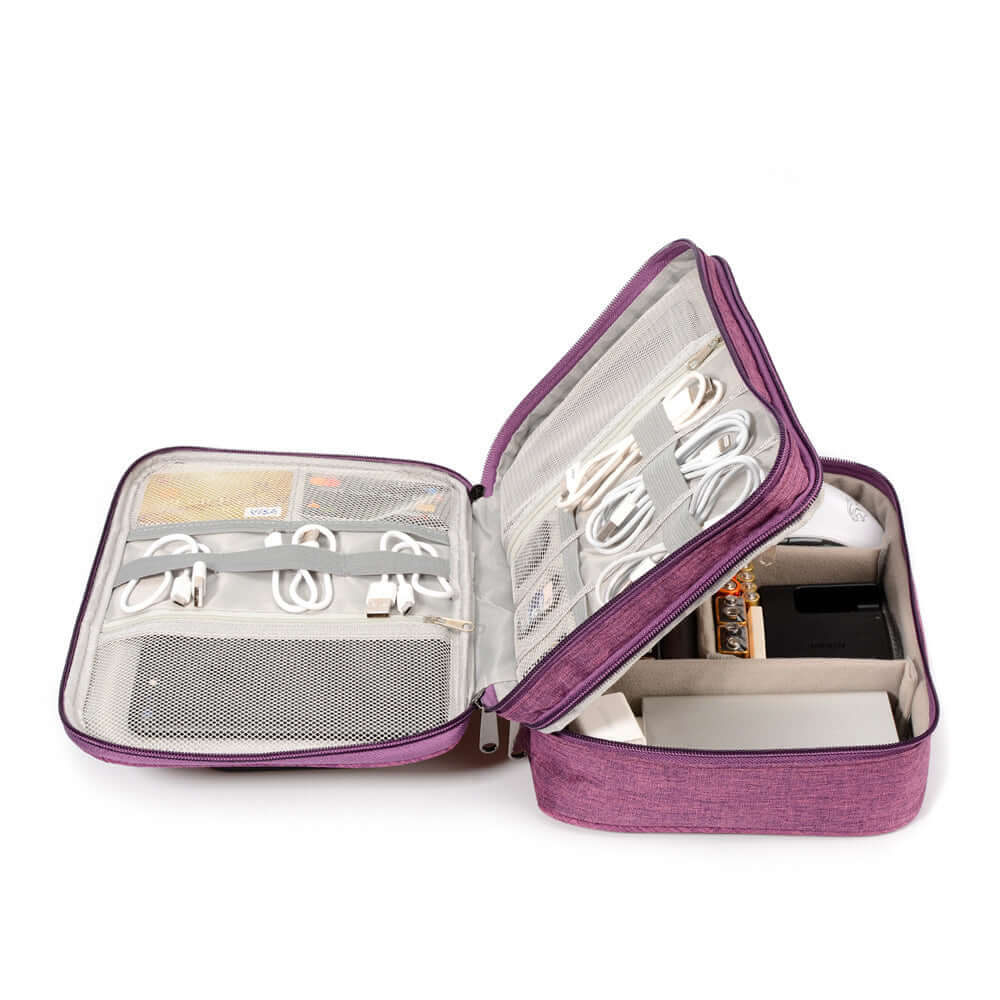 Open purple cable organizer bag showing compartments for cables, chargers, and electronic accessories.