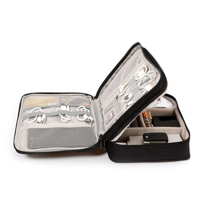 Open cable organizer bag showcasing compartments for chargers, cables, and accessories, ideal for travel.