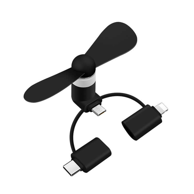 Mobile mini fan for iPhone, iPad, and Android with low noise and high efficiency in black color.