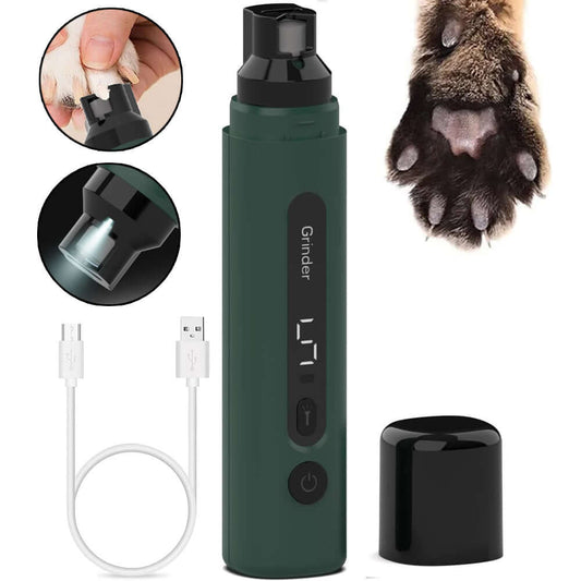 Electric dog nail grinder with LED light, USB charger, and protective cap for safe pet nail trimming.