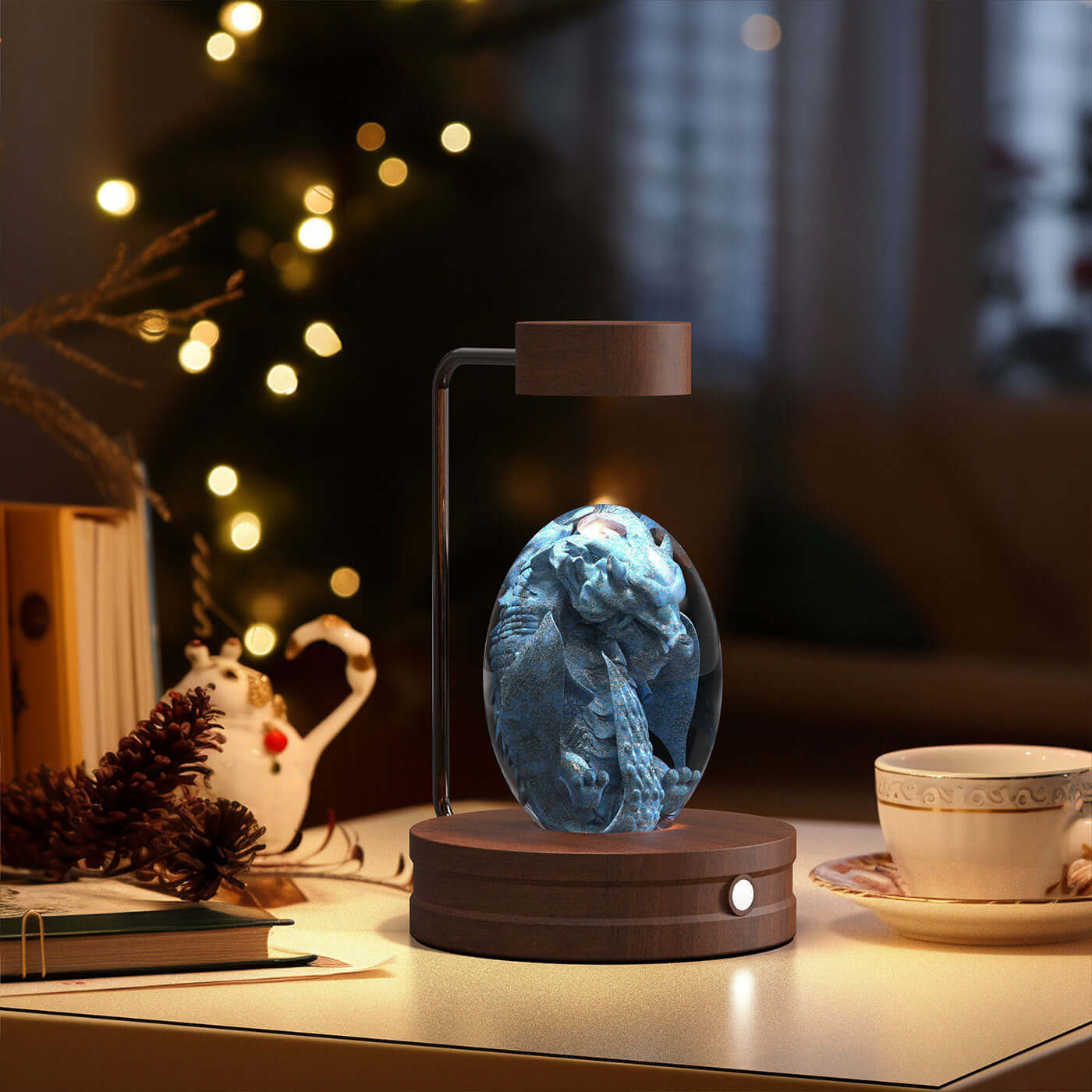 Warm Bedside Night Light featuring Crystal Ball Cosmic Dinosaur, USB Powered, Gift Ready