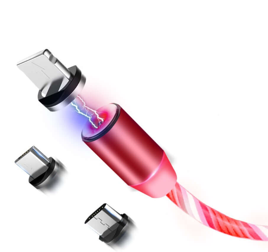 Magnetic streaming cable connector demonstrating automatic calibration and charging for iPhones and Android devices.