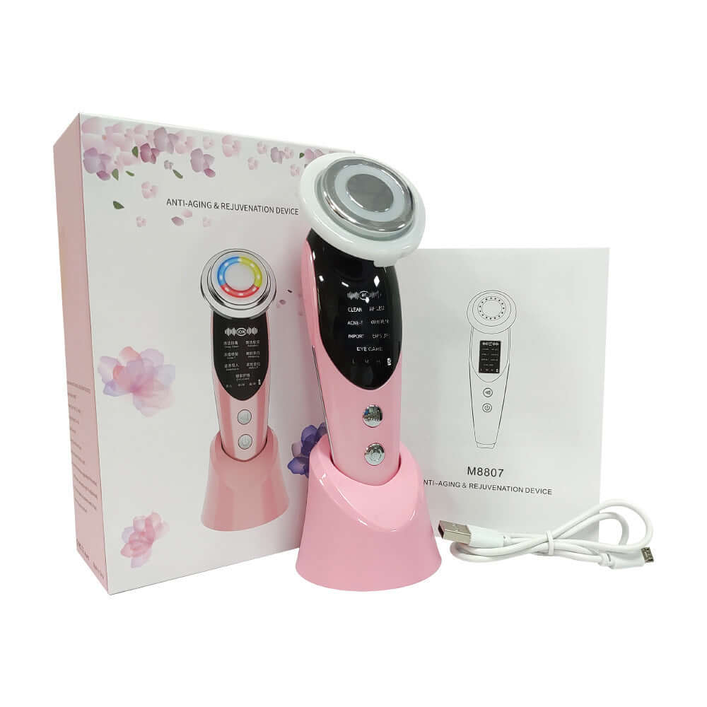 7-in-1 facial massager with LED lights, cleansing functions and rejuvenation features, in pink color with packaging.