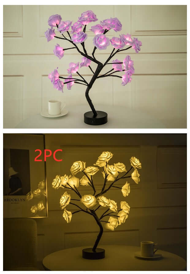  Rose flower lamps in pink and white on a marble table with soft lighting, ideal for elegant home decor.
