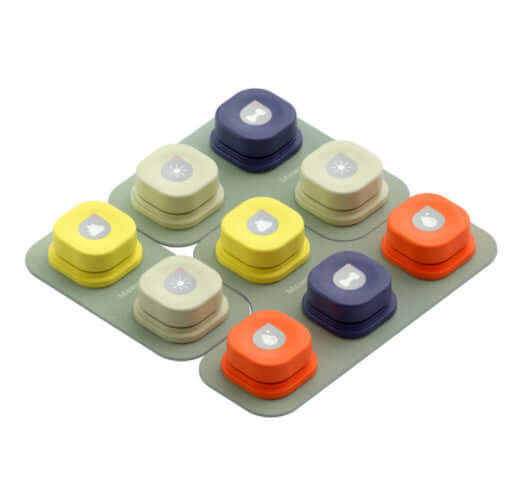 Colorful pet communication buttons in a grid, designed for dogs and cats to facilitate interaction and engagement.