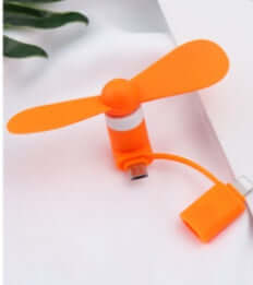Orange mobile mini fan with a micro USB attachment, perfect for cooling your phone on the go.