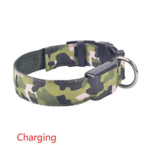 Camouflage luminous dog collar with adjustable modes, made of durable nylon and plastic for night safety.