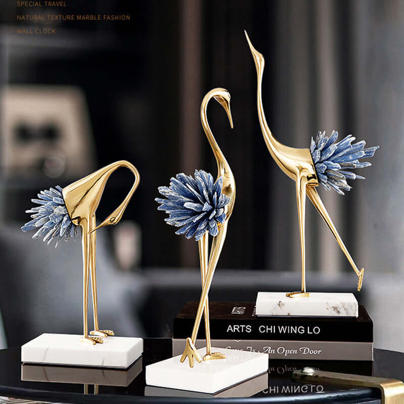 Luxury White Crane Ornament with Crystal and Marble Details