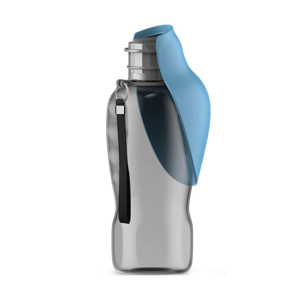 Portable 800ml dog water bottle with blue silicone cap and wrist strap for outdoor adventures.
