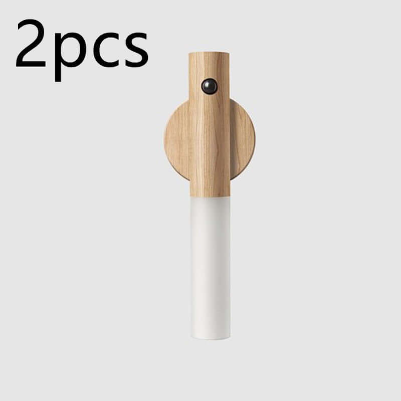 Set of 2 magnetic USB LED wall lights with wooden base and modern design for home use.