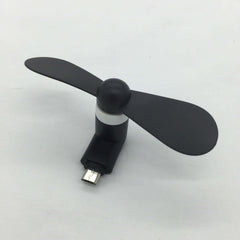 Black mobile mini fan compatible with iPhone/iPad and Android, compact design for low power and quiet operation.