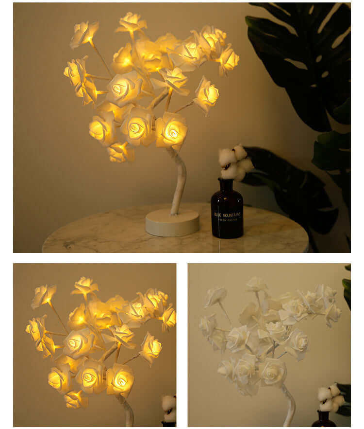  Rose flower lamps in pink and white on a marble table with soft lighting, ideal for elegant home decor.