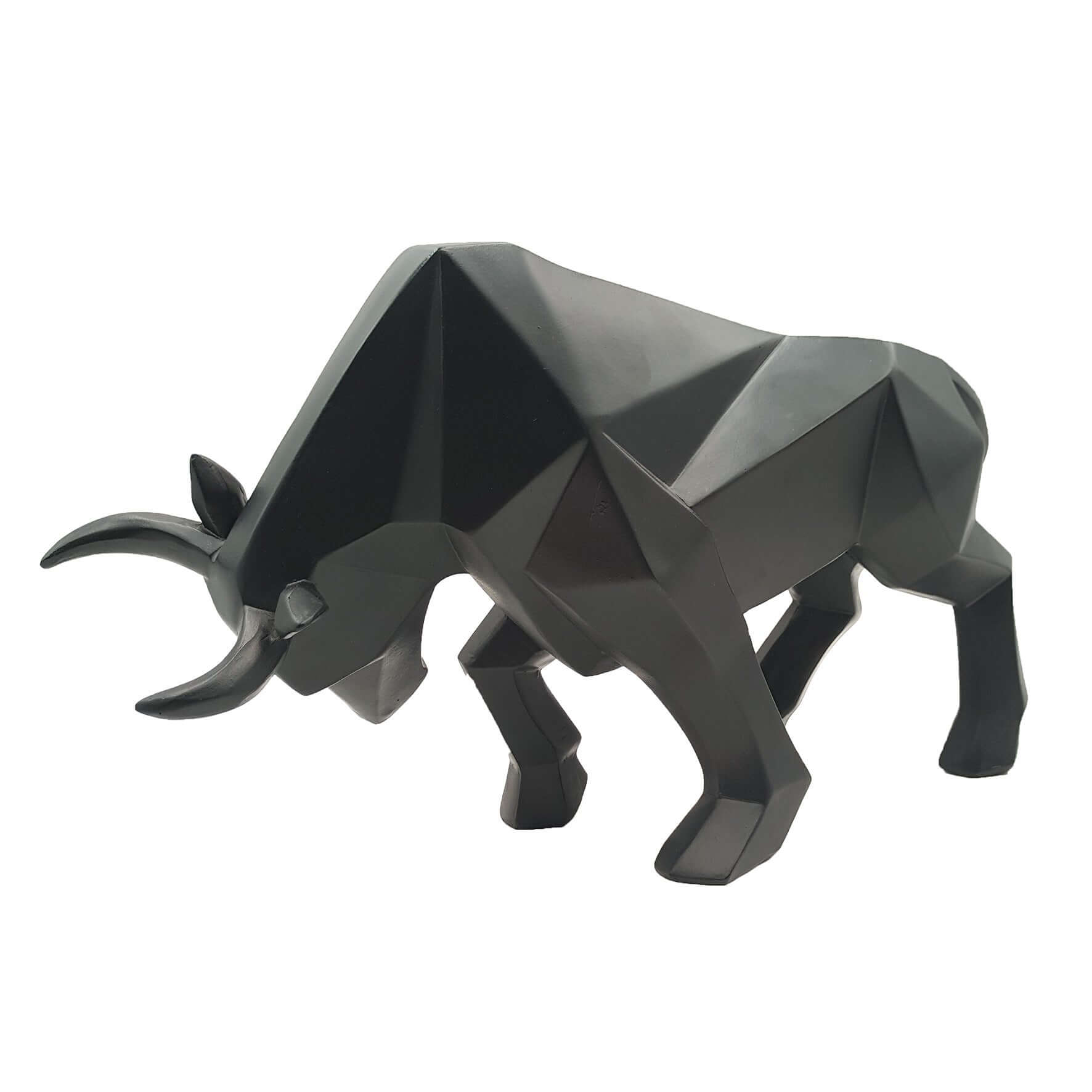 Geometric black resin bull sculpture, modern home decor, abstract bison statue for art and gifts.
