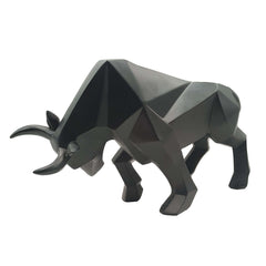 Geometric black resin bull sculpture, modern home decor, abstract bison statue for art and gifts.