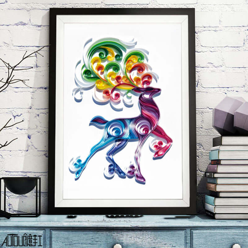 Colorful quilted paper illustration of a deer, ideal for home decoration and gifts.