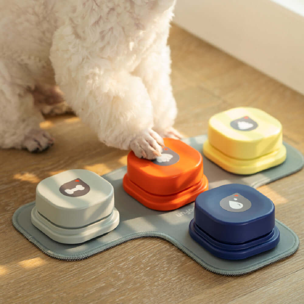 Dog communicating with color-coded buttons on a durable mat for pet interaction and play.