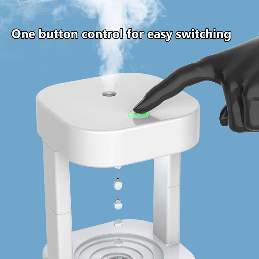 Close-up of the Creative Anti-gravity Humidifier showing single button for easy control and mist spray effect.