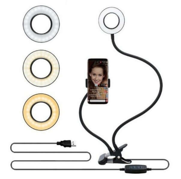 LED selfie ring light setup with phone holder, three light colors, USB power, and adjustable clamp for hands-free use.