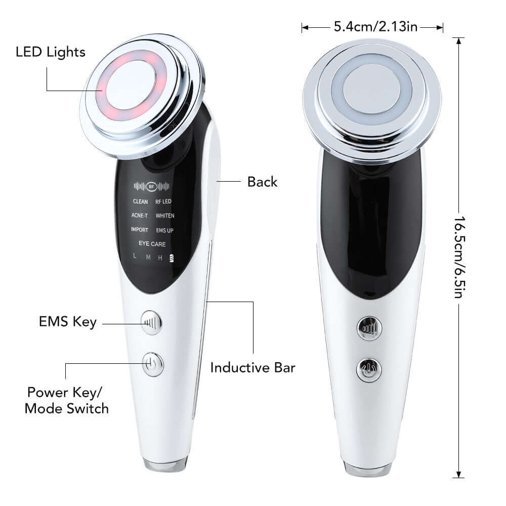 7-in-1 facial massager showing LED lights, EMS key, and controls for skin rejuvenation and acne repair.