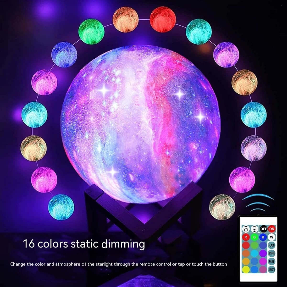 3D Printing Moon Light Galaxy Lamp with 16 colors, remote control, and vibrant starry design on wooden base.